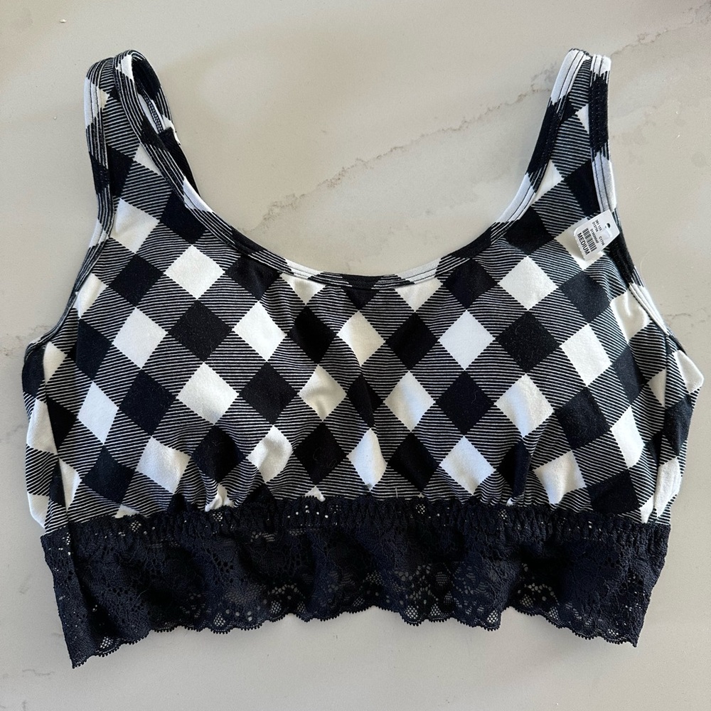 Maurices Bralette Checkered Black/White Lace Trim